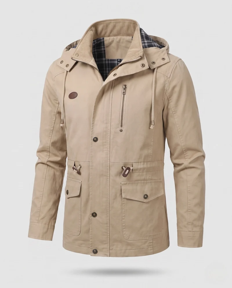 Leichte Herren-Hoodie-Canvas-Parka mit Kordelzug, Klapptaschen und Reißverschluss-Brusttasche Nord Taschen