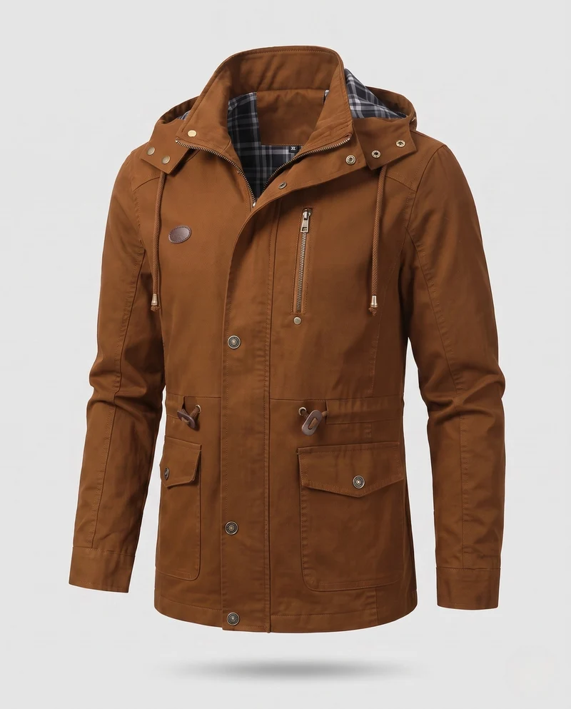 Leichte Herren-Hoodie-Canvas-Parka mit Kordelzug, Klapptaschen und Reißverschluss-Brusttasche Nord Taschen