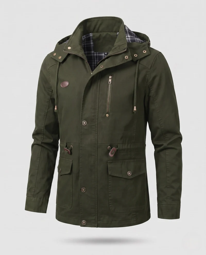 Leichte Herren-Hoodie-Canvas-Parka mit Kordelzug, Klapptaschen und Reißverschluss-Brusttasche Nord Taschen