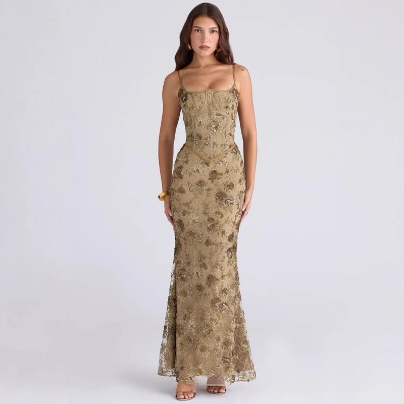 Damen nan elegantes besticktes Abendkleid mit Korsettoberteil und transparentem Spitzenüberzug - Vittorelli