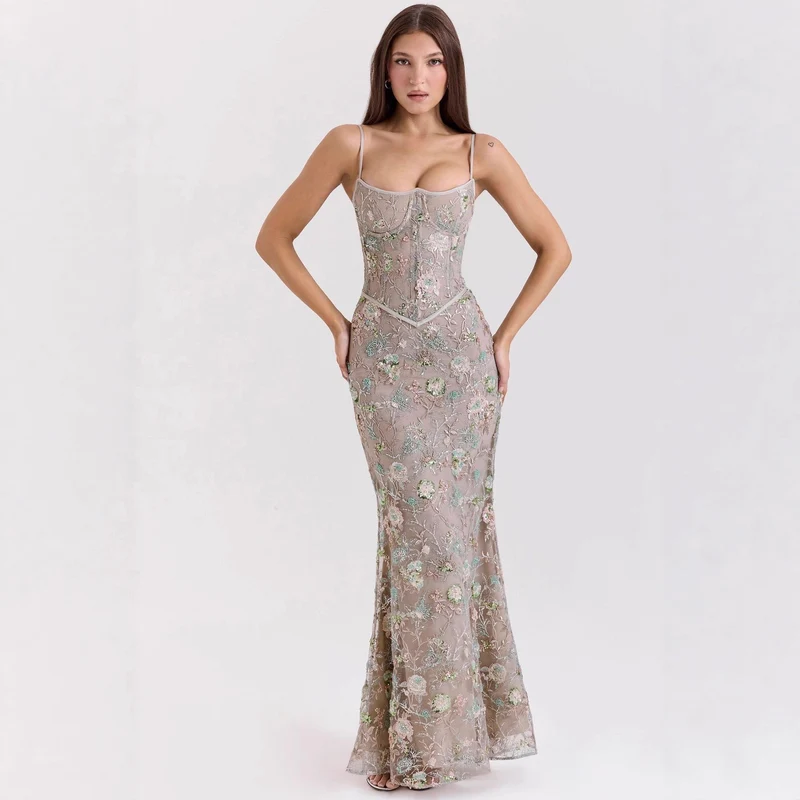 Damen nan elegantes besticktes Abendkleid mit Korsettoberteil und transparentem Spitzenüberzug - Vittorelli