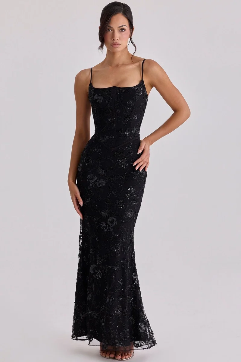 Damen nan elegantes besticktes Abendkleid mit Korsettoberteil und transparentem Spitzenüberzug - Vittorelli