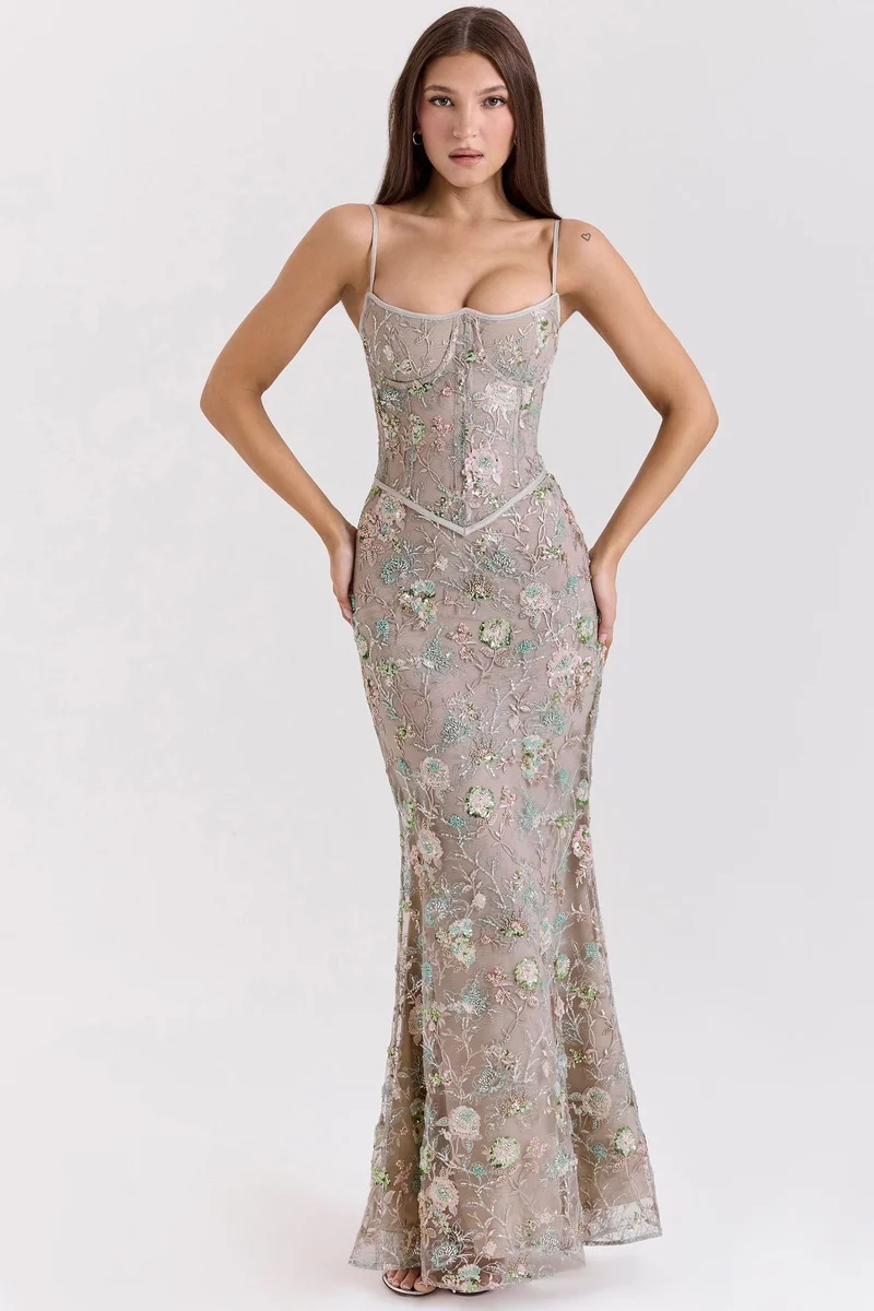 Damen nan elegantes besticktes Abendkleid mit Korsettoberteil und transparentem Spitzenüberzug - Vittorelli