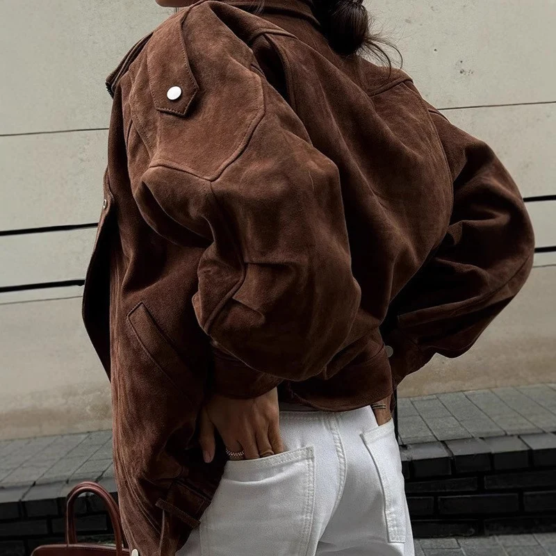 Damen Oversized Veloursleder-Blouson mit asymmetrischem Reißverschluss und Taillengürtel Nord Taschen