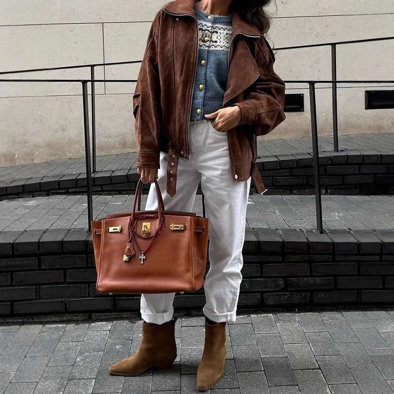 Damen Oversized Veloursleder-Blouson mit asymmetrischem Reißverschluss und Taillengürtel Nord Taschen
