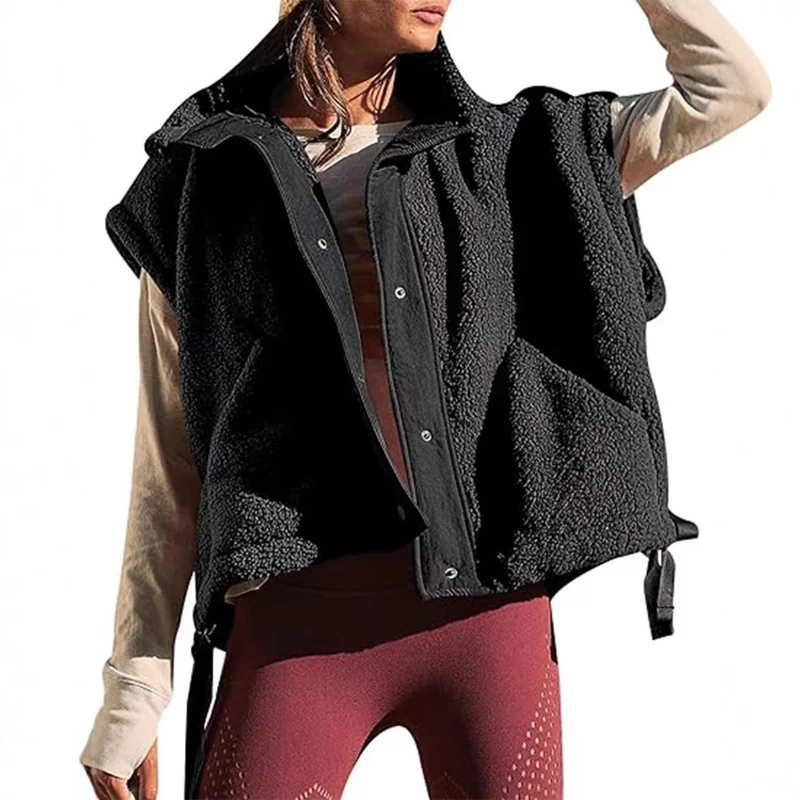 Damen Oversized Teddyweste mit Stehkragen, Druckknopfverschluss und Tunnelzug Nord Taschen