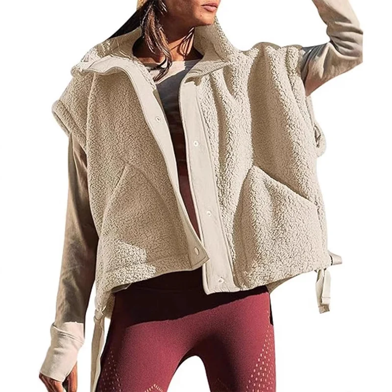 Damen Oversized Teddyweste mit Stehkragen, Druckknopfverschluss und Tunnelzug Nord Taschen