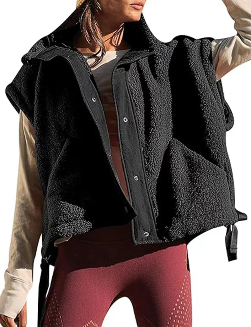 Damen Oversized Teddyweste mit Stehkragen, Druckknopfverschluss und Tunnelzug Nord Taschen