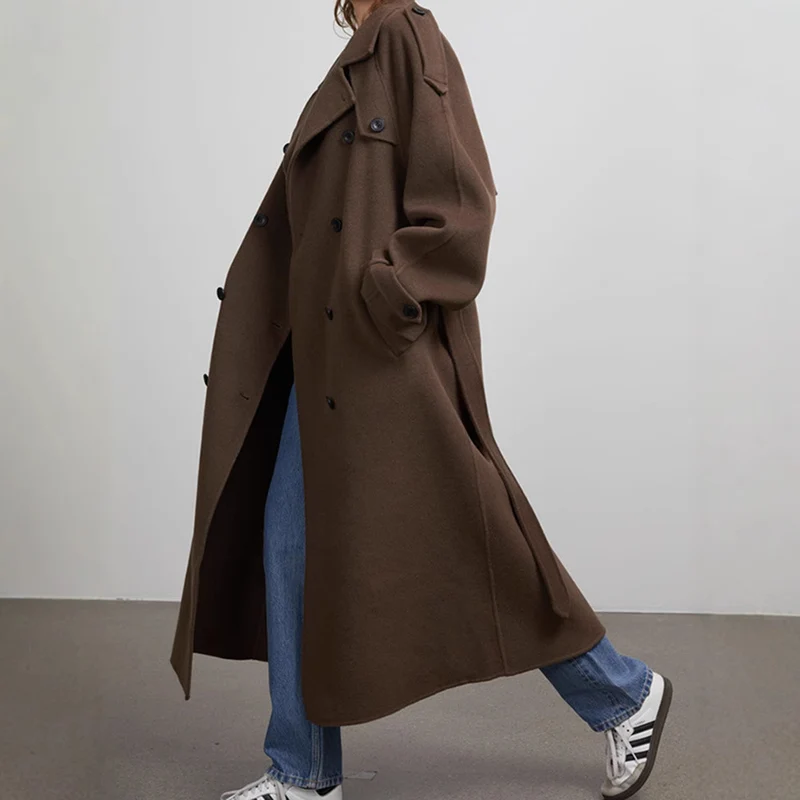Damen Oversize Wollmantel mit breitem Reverskragen und Taillengürtel Nord Taschen