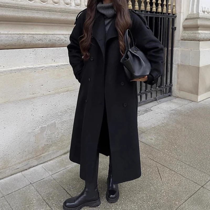 Damen Oversize Wollmantel mit breitem Reverskragen und Taillengürtel Nord Taschen