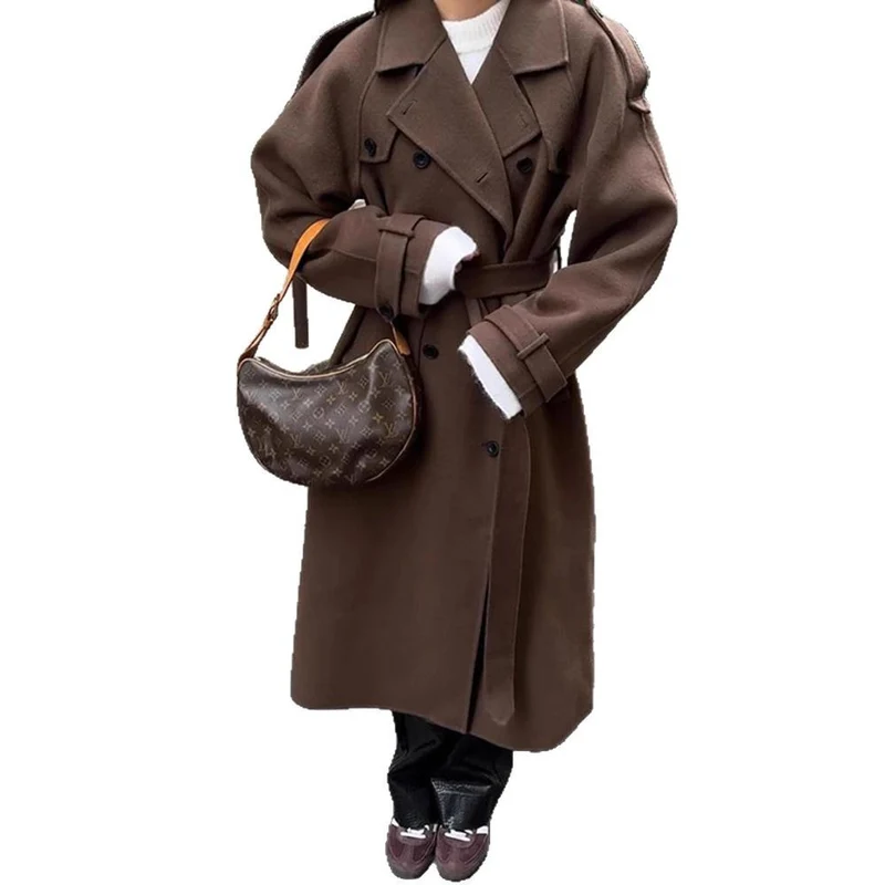 Damen Oversize Wollmantel mit breitem Reverskragen und Taillengürtel Nord Taschen