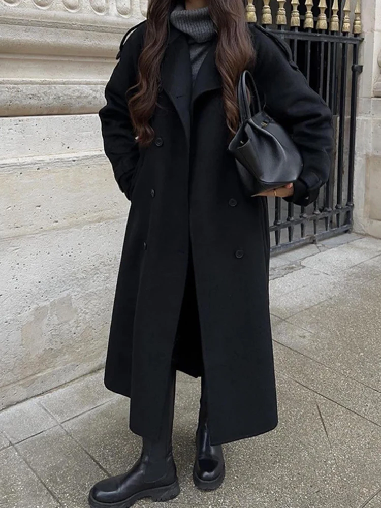 Damen Oversize Wollmantel mit breitem Reverskragen und Taillengürtel Nord Taschen