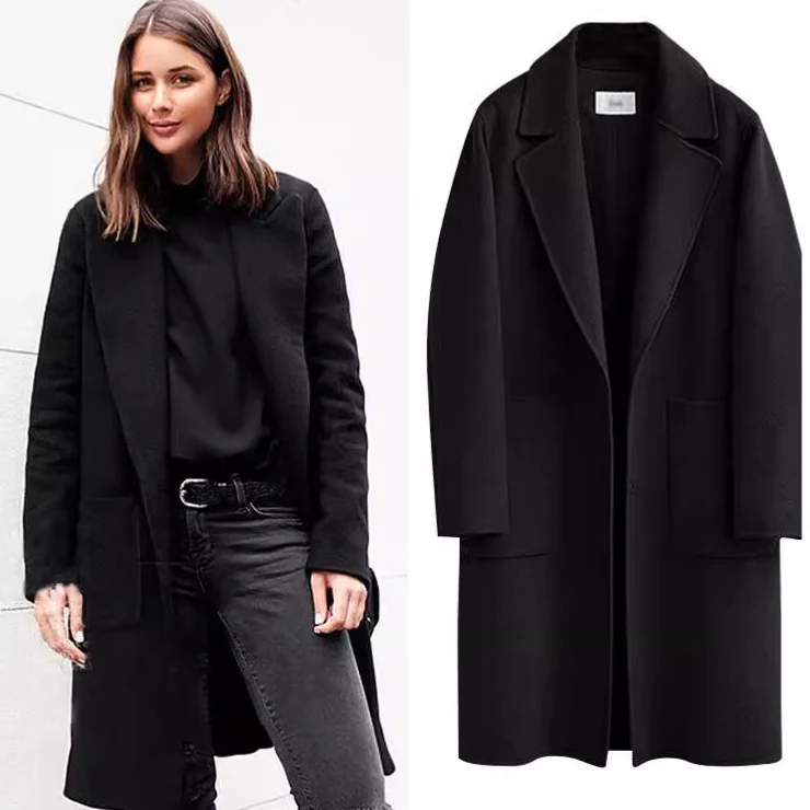Damen Longline Wollmix-Mantel mit Oversize-Revers und aufgesetzten Taschen Nord Taschen