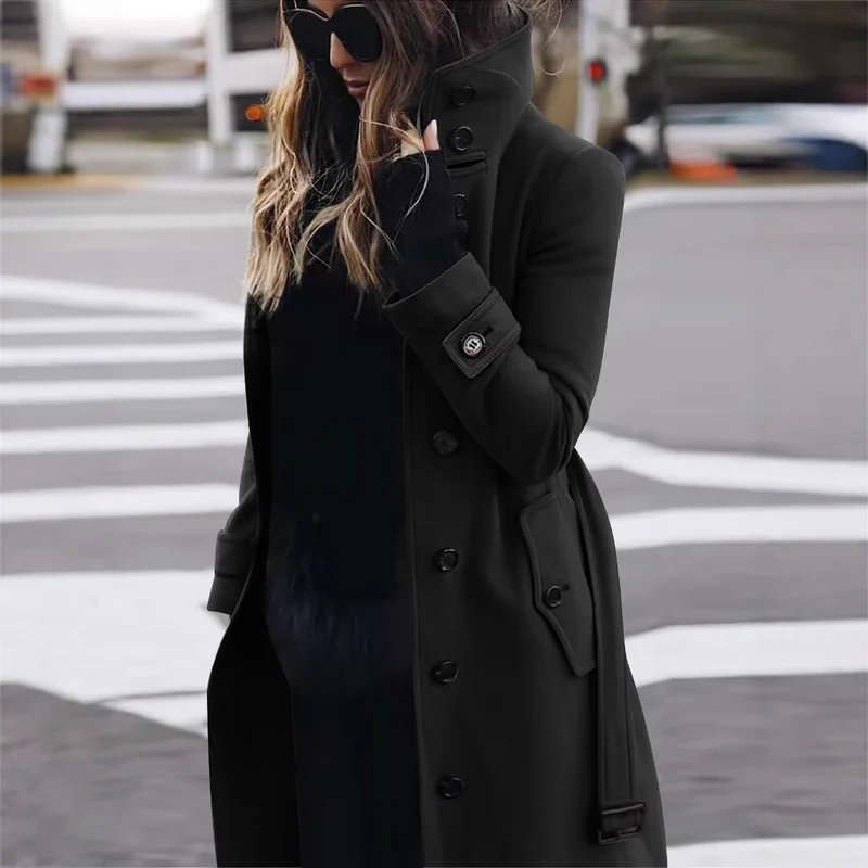 Damen Langschnittiger Trenchcoat mit überhöhtem Stehkragen, Knopfblende und Taillengürteloptik Nord Taschen