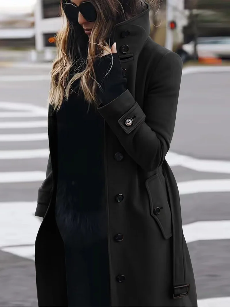 Damen Langschnittiger Trenchcoat mit überhöhtem Stehkragen, Knopfblende und Taillengürteloptik Nord Taschen