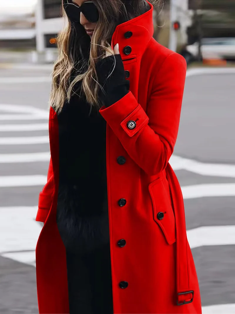 Damen Langschnittiger Trenchcoat mit überhöhtem Stehkragen, Knopfblende und Taillengürteloptik Nord Taschen