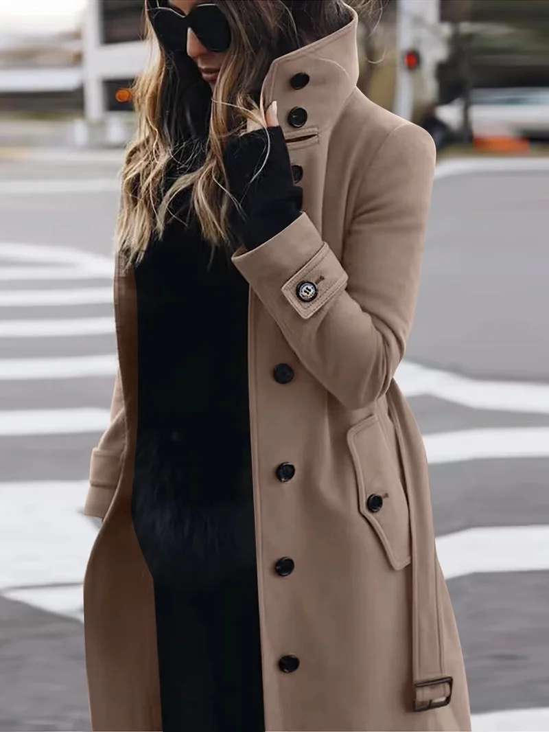 Damen Langschnittiger Trenchcoat mit überhöhtem Stehkragen, Knopfblende und Taillengürteloptik Nord Taschen