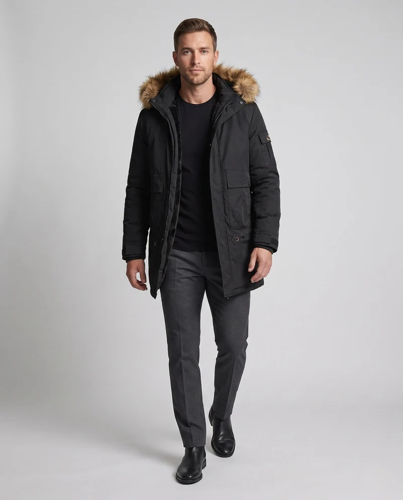 Herren Arctic Utility Parka mit Sherpa-Futter, abnehmbarer Kunstfellkapuze und verstellbarem Kordelzug Nord Taschen