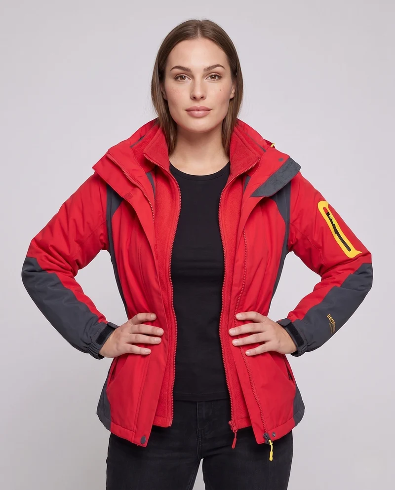 Frauen Zwei-Teile Softshell Fleece Outdoor Jacken Set mit abnehmbarer Kapuze und Ärmel-Reißverschlusstasche Nord Taschen