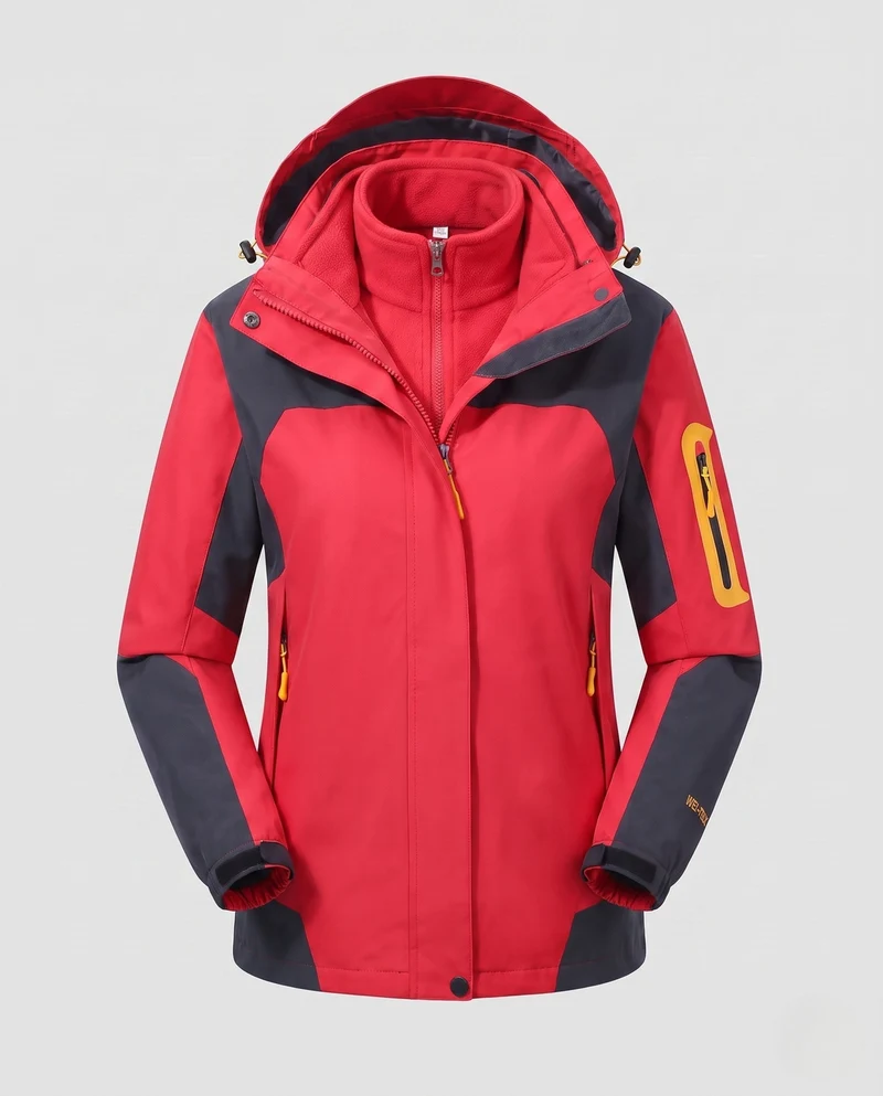 Frauen Zwei-Teile Softshell Fleece Outdoor Jacken Set mit abnehmbarer Kapuze und Ärmel-Reißverschlusstasche Nord Taschen