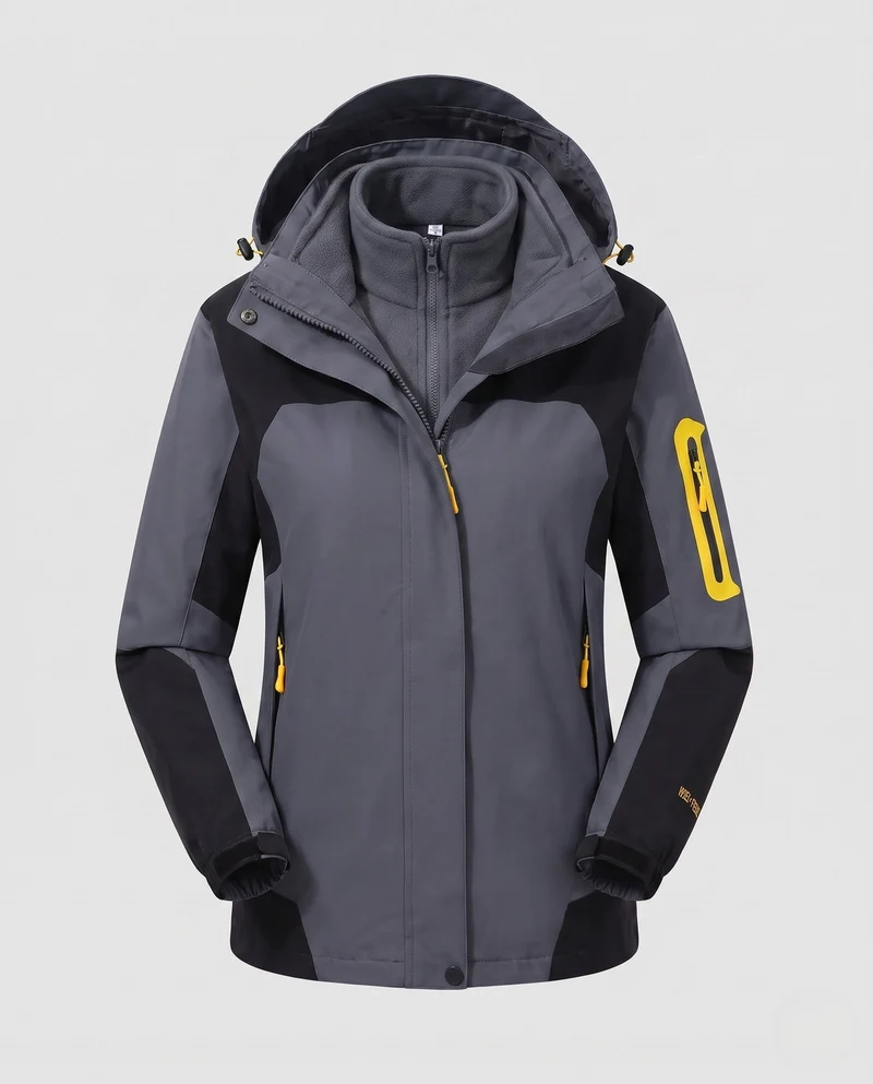Frauen Zwei-Teile Softshell Fleece Outdoor Jacken Set mit abnehmbarer Kapuze und Ärmel-Reißverschlusstasche Nord Taschen