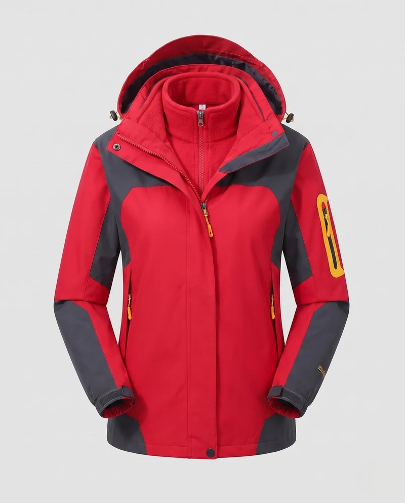 Frauen Zwei-Teile Softshell Fleece Outdoor Jacken Set mit abnehmbarer Kapuze und Ärmel-Reißverschlusstasche Nord Taschen