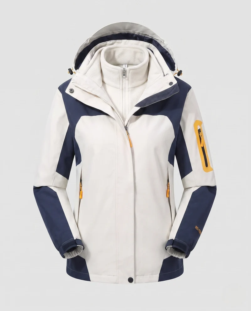 Frauen Zwei-Teile Softshell Fleece Outdoor Jacken Set mit abnehmbarer Kapuze und Ärmel-Reißverschlusstasche Nord Taschen