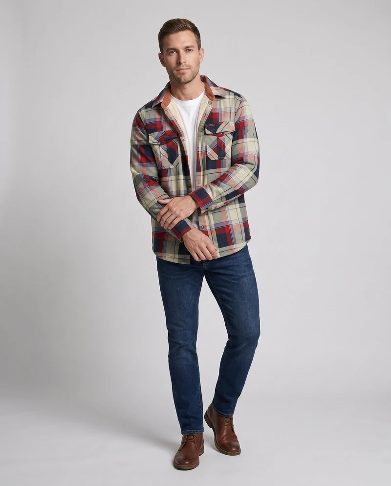 Herren kariertes Überhemd-Jacke mit warmem Teddy-Futter und Klappentaschen Nord Taschen