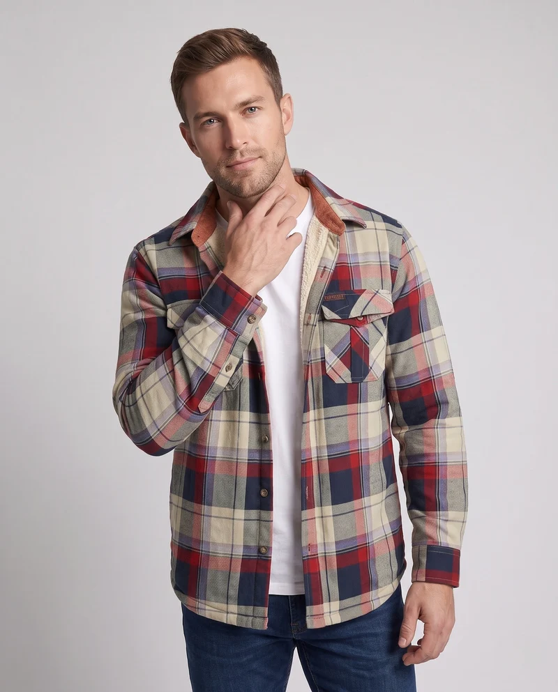 Herren kariertes Überhemd-Jacke mit warmem Teddy-Futter und Klappentaschen Nord Taschen