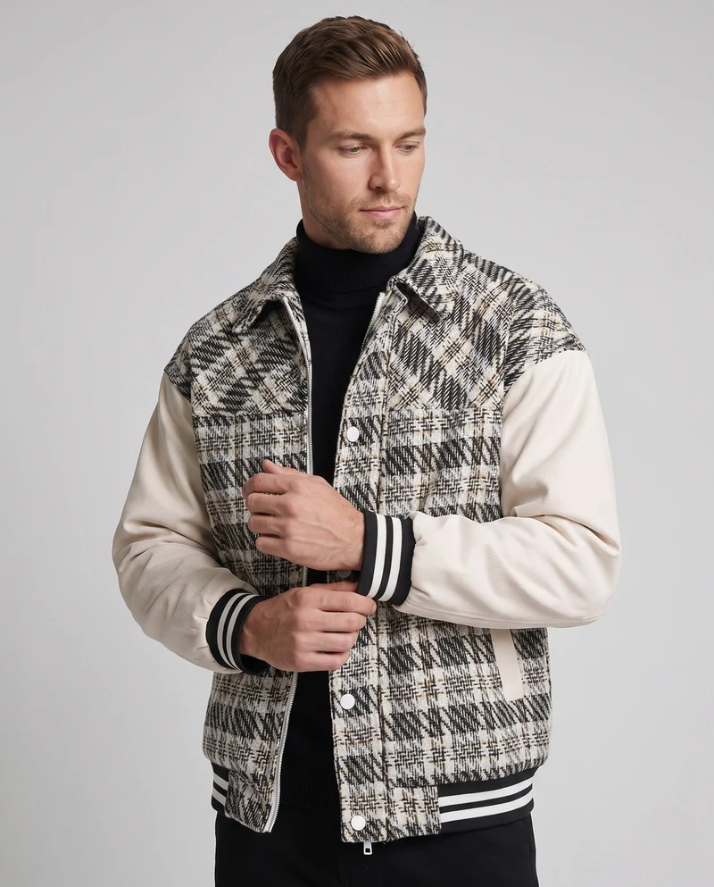 Männer Karo Baumwollmischung College Jacke mit Kunstlederärmeln und gerippten Bündchen Nord Taschen