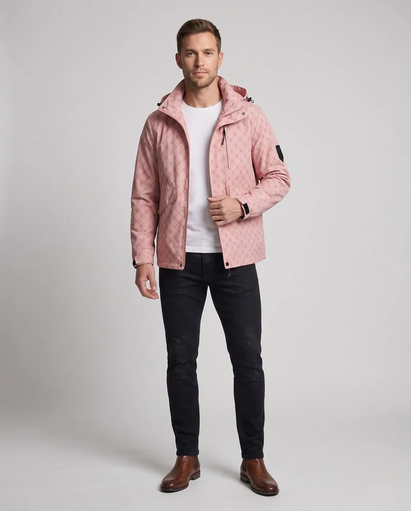Herren-Hooded-Parka mit Allover-Monogramm aus wasserabweisendem Nylon-Mix und Multifunktions-Taschen Nord Taschen