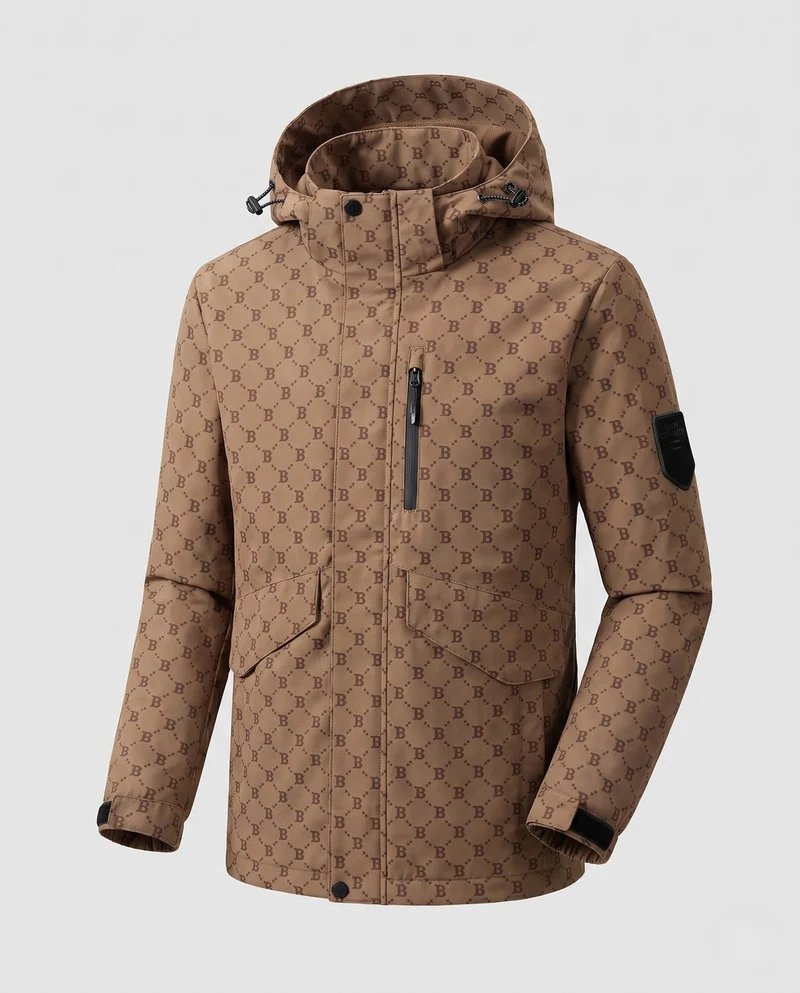 Herren-Hooded-Parka mit Allover-Monogramm aus wasserabweisendem Nylon-Mix und Multifunktions-Taschen Nord Taschen