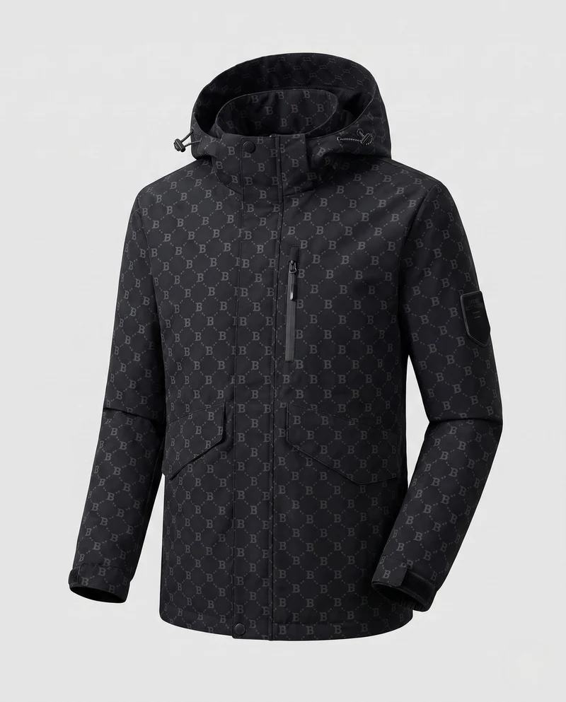 Herren-Hooded-Parka mit Allover-Monogramm aus wasserabweisendem Nylon-Mix und Multifunktions-Taschen Nord Taschen