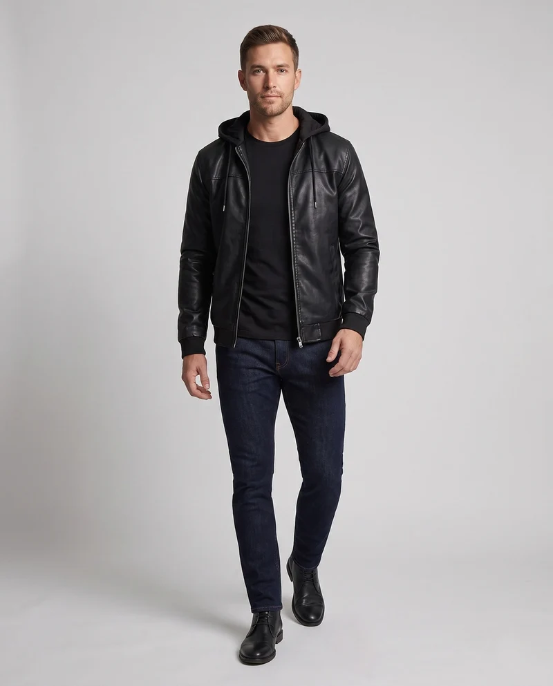 Herren Kapuzenjacke aus Kunstleder im Biker-Bomber-Stil mit integrierter Hoodie-Fütterung Nord Taschen