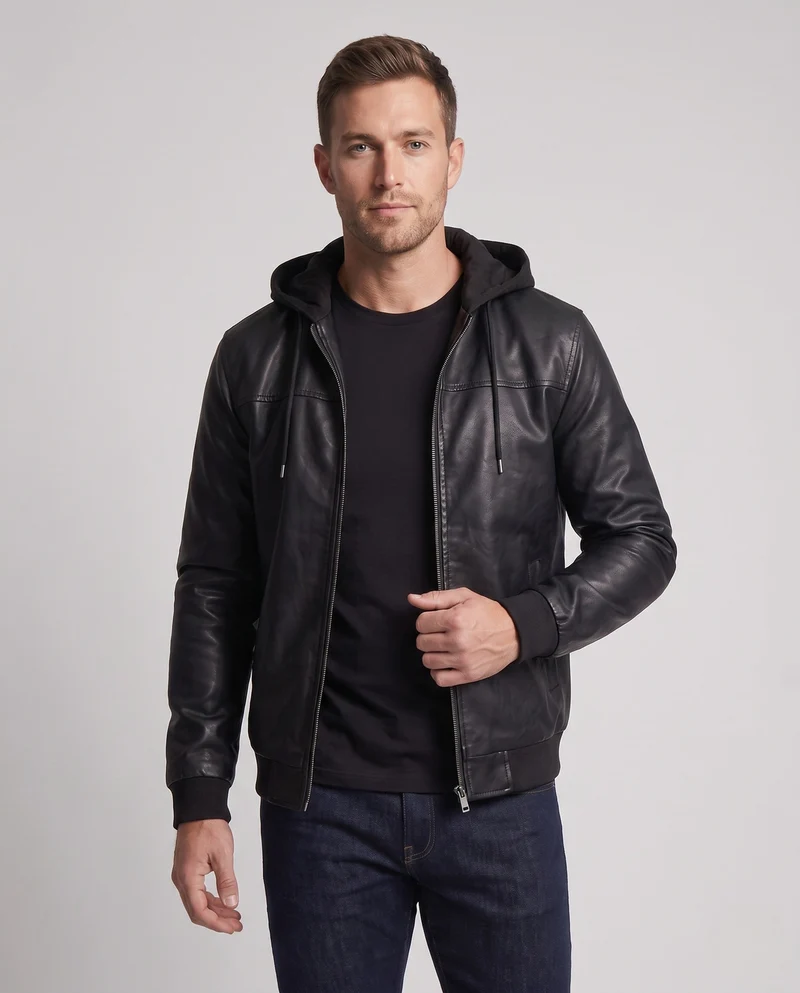 Herren Kapuzenjacke aus Kunstleder im Biker-Bomber-Stil mit integrierter Hoodie-Fütterung Nord Taschen