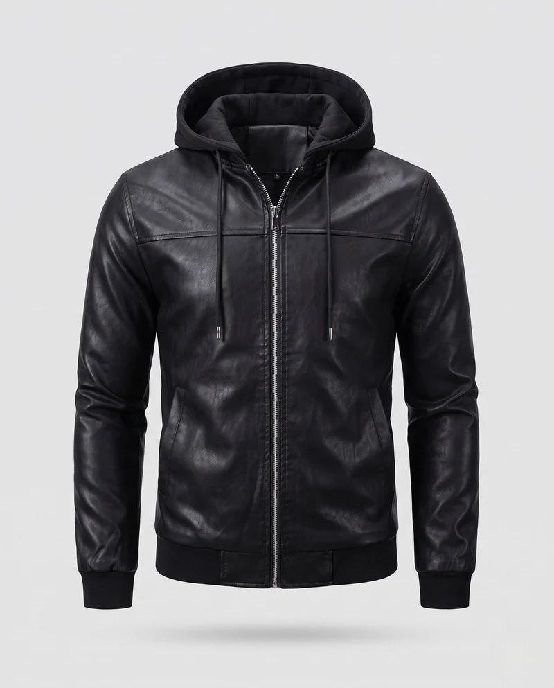 Herren Kapuzenjacke aus Kunstleder im Biker-Bomber-Stil mit integrierter Hoodie-Fütterung Nord Taschen