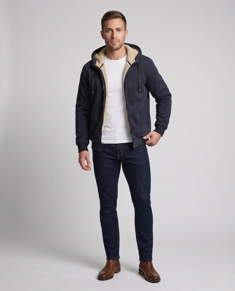 Herren Kapuzen-Fleecejacke mit Sherpa-Futter, Reißverschluss und gerippten Bündchen Nord Taschen