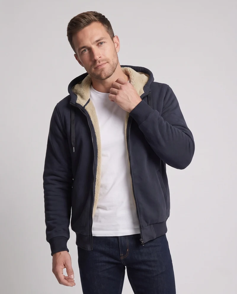 Herren Kapuzen-Fleecejacke mit Sherpa-Futter, Reißverschluss und gerippten Bündchen Nord Taschen