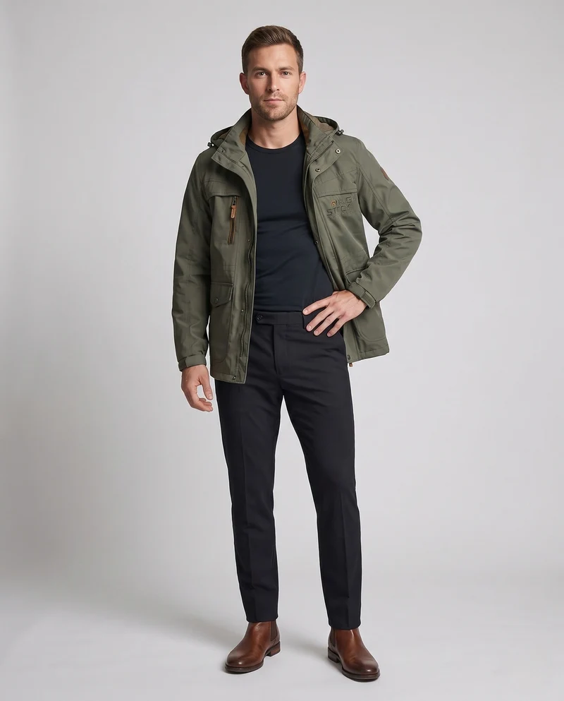 Herren Kapuzen-Feldjacke aus wasserabweisendem Canvas mit atmungsaktivem Mesh-Innenfutter und Multifunktionsaschen Nord Taschen