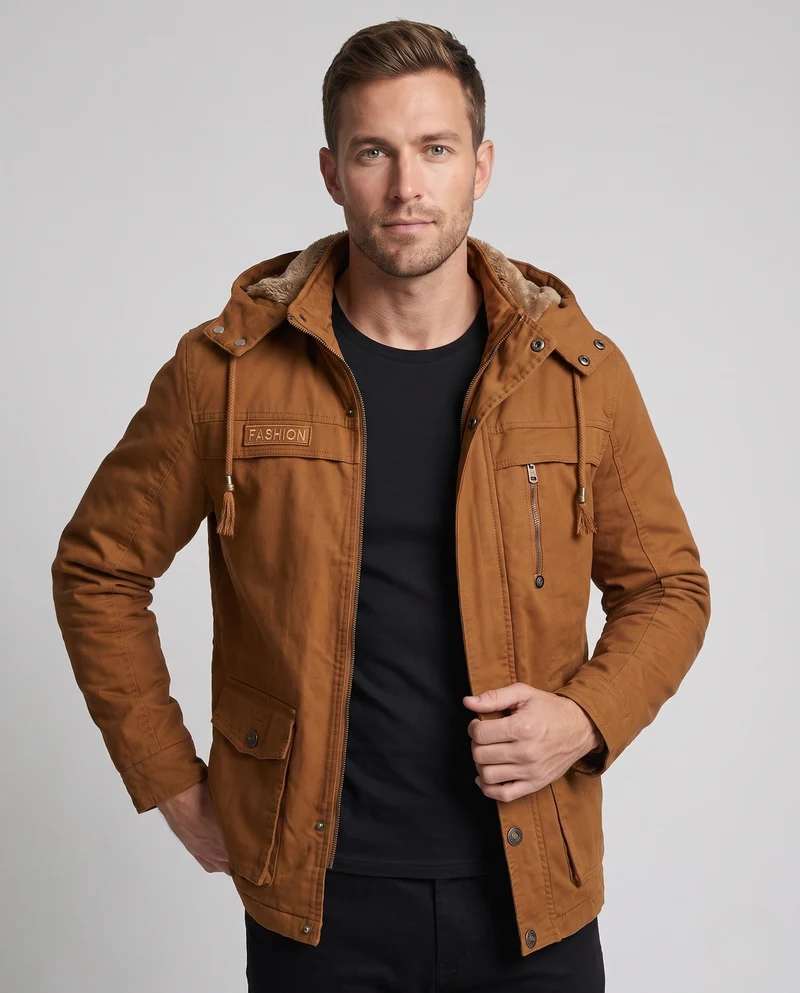 Herren Kapuzenfeldjacke mit Teddyfutter und Multifunktionstaschen Nord Taschen