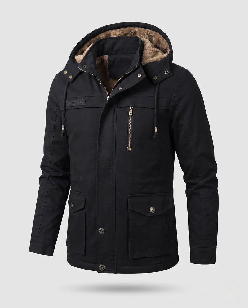 Herren Kapuzenfeldjacke mit Teddyfutter und Multifunktionstaschen Nord Taschen