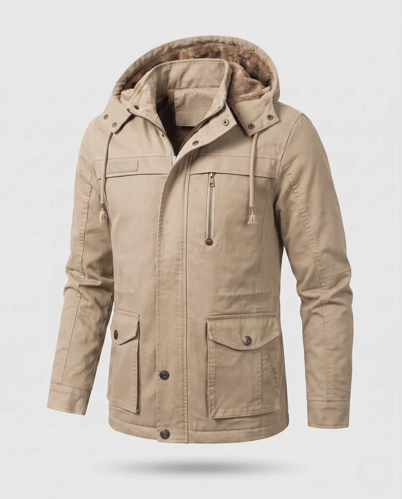 Herren Kapuzenfeldjacke mit Teddyfutter und Multifunktionstaschen Nord Taschen
