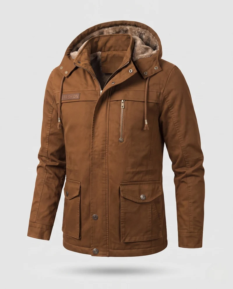 Herren Kapuzenfeldjacke mit Teddyfutter und Multifunktionstaschen Nord Taschen
