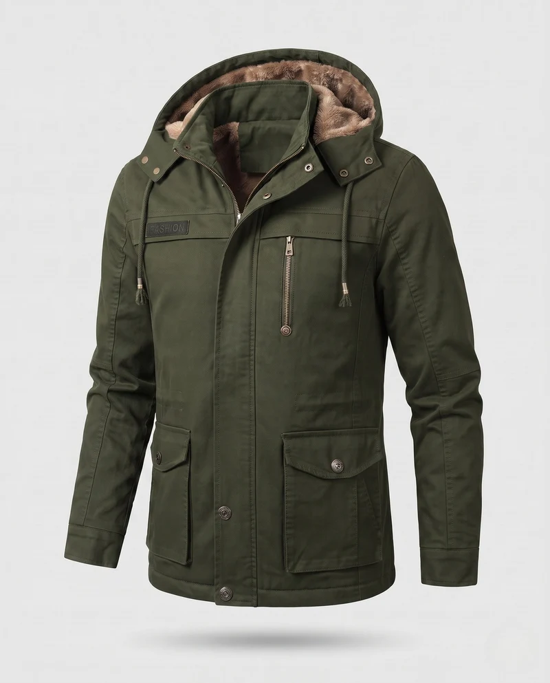 Herren Kapuzenfeldjacke mit Teddyfutter und Multifunktionstaschen Nord Taschen