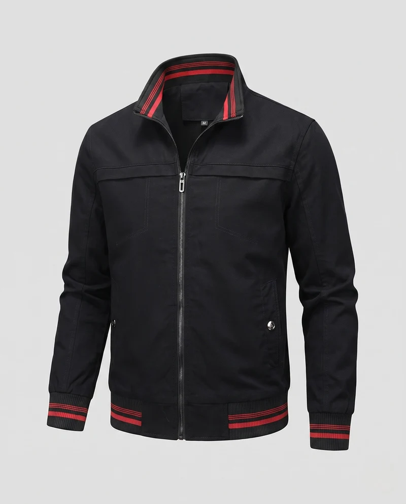 Herren Leichte Canvas Bomberjacke mit Gestreiften Rippbündchen und Stehkragen Nord Taschen