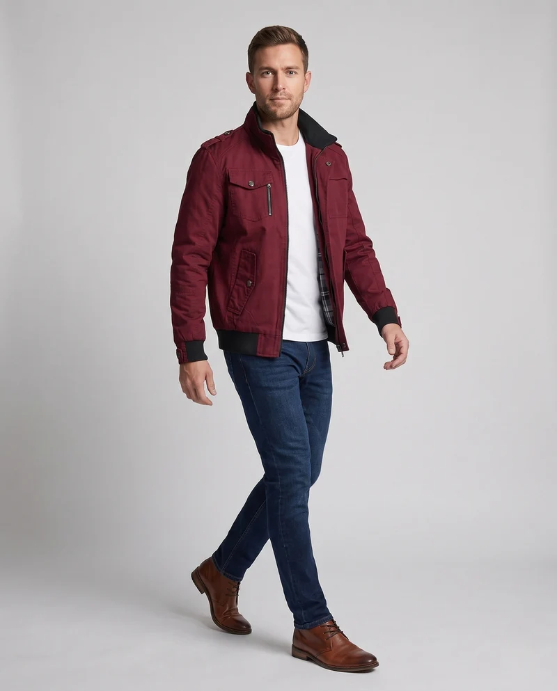 Leichte Baumwoll-Canvas-Blouson für Herren mit kariertem Futter und gerippten Bündchen Nord Taschen