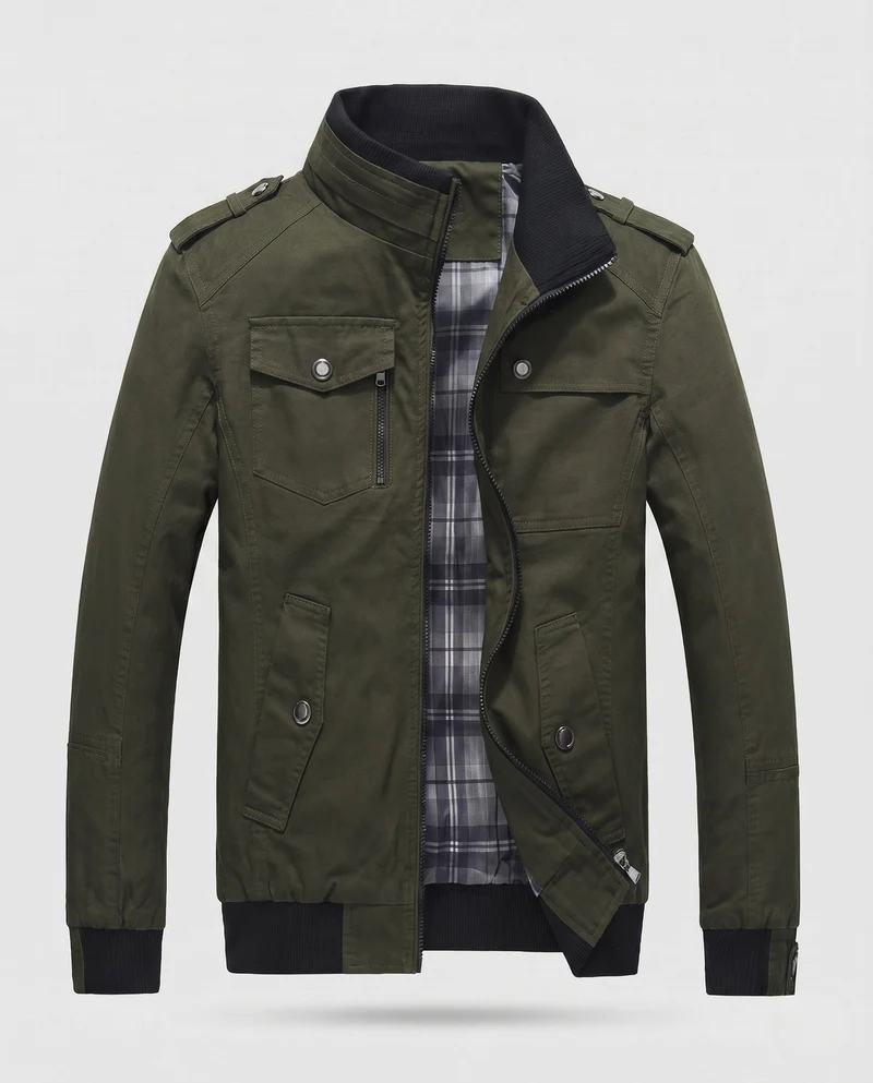 Leichte Baumwoll-Canvas-Blouson für Herren mit kariertem Futter und gerippten Bündchen Nord Taschen