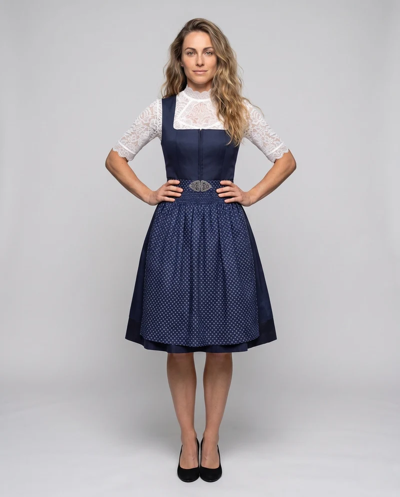 Damen Dirndl Kleid mit Spitzenärmeln und hochwertigem Schürze Nord Taschen