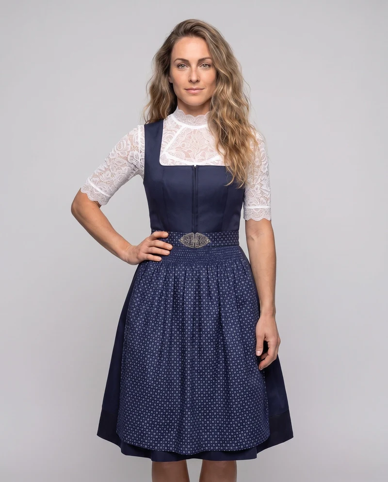 Damen Dirndl Kleid mit Spitzenärmeln und hochwertigem Schürze Nord Taschen