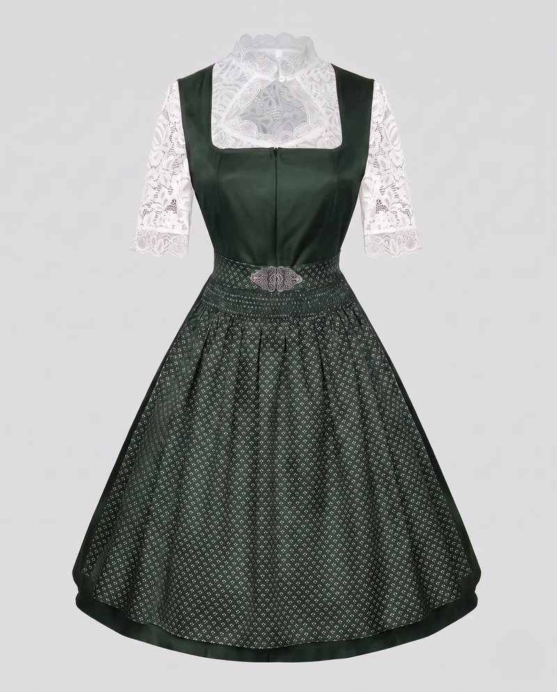 Damen Dirndl Kleid mit Spitzenärmeln und hochwertigem Schürze Nord Taschen